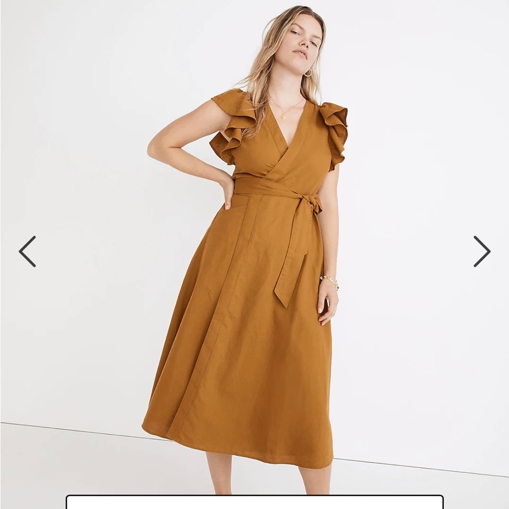Madewell Linen-Blend Ruffle-Sleeve Wrap Midi Dress Antique Gold XS HEMMED